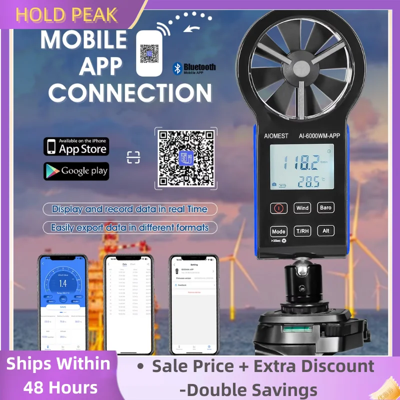Handheld Wind Speed Meter Bluetooth Anemometer with Atmospheric Pressure, Temperature, RH, Dew Point, and Wind Chill Measure