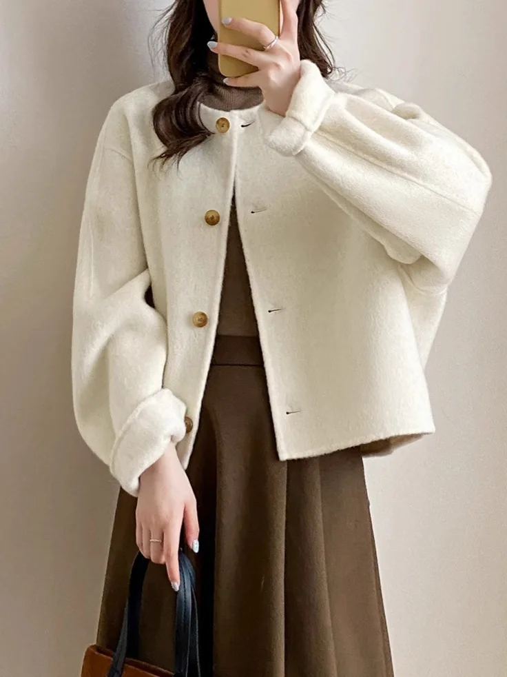 Autumn and Winter Simple Korean Round Neck Double-Sided Short Style Loose and Versatile Woolen Coat for Women