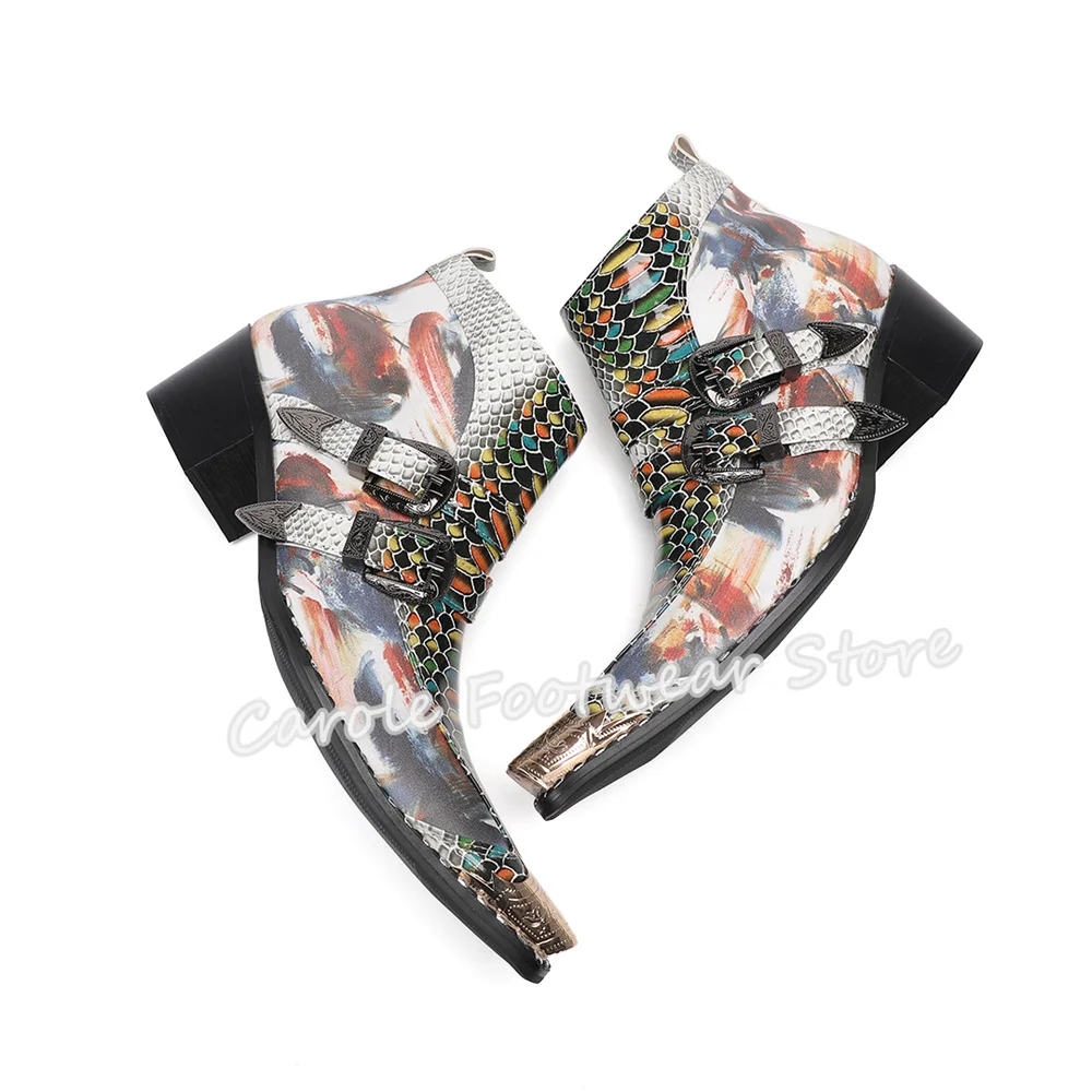 موضة جديدة مختلط اللون الجلود حذاء من الجلد للرجال المعادن أشار تو حزام مشبك تشيلسي الأحذية الذكور عالية أعلى تشيلسي الأحذية