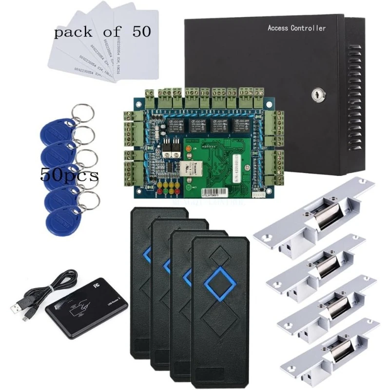 TCP/IP 4 Door Entry Access Control Panel Kit Electric Strike Fail Secure NO Mode Lock Enroll RFID USB Reader 110-240V