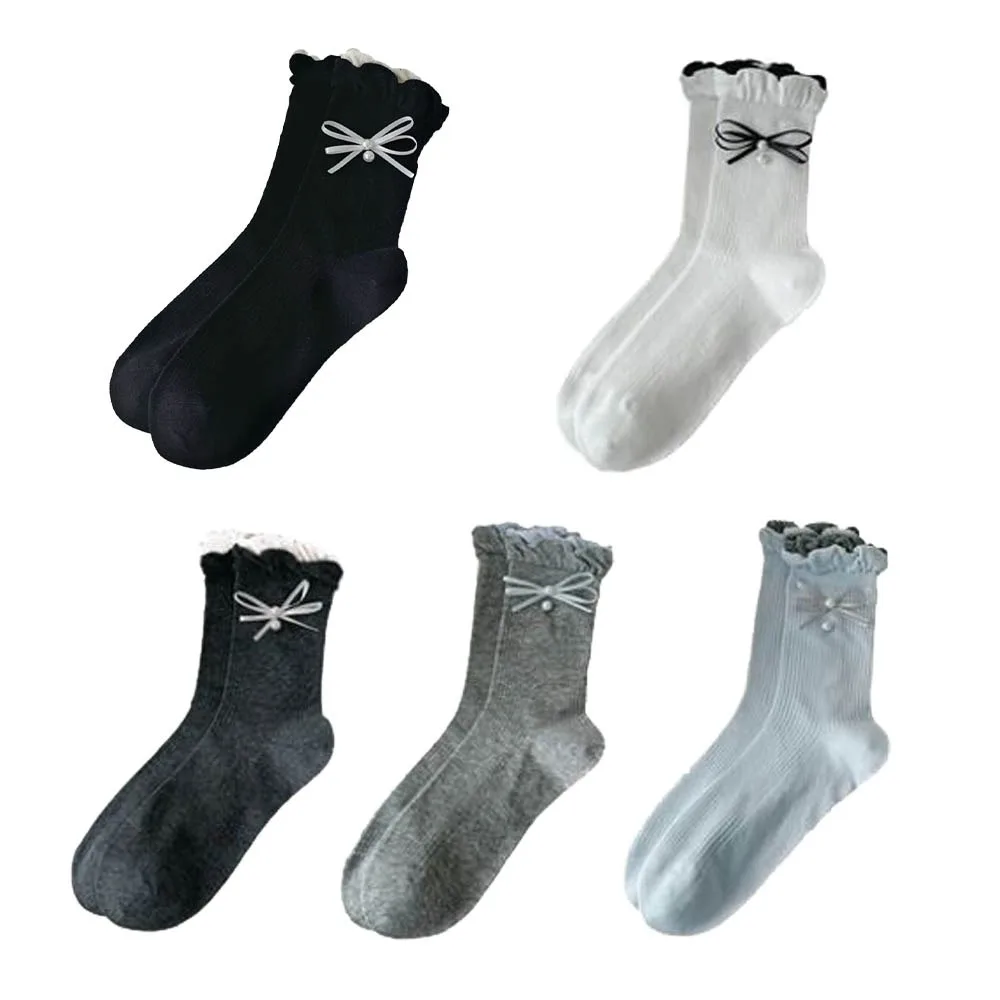 

5Pairs Soft Ruffle Bowknot Pearl Socks Ins Style Breathable Mid Tube Socks Female Hosiery Lolita Sweet Socks Women Girl