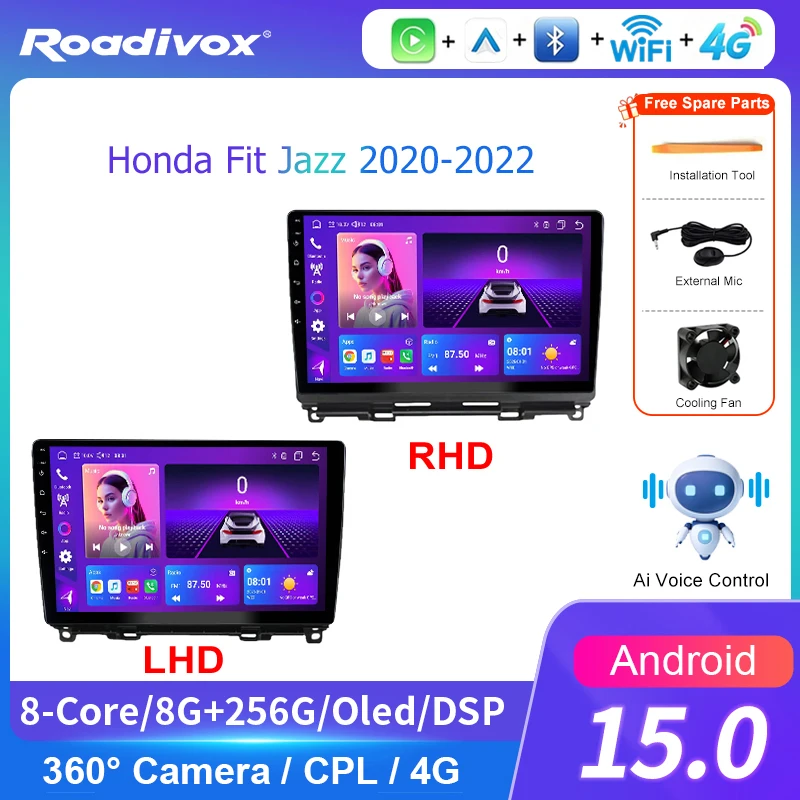 AI VOICE roadivox Android car radio for Honda Fit Jazz 2020-2022 GPS Navigation video Multimedia Player tape recorder