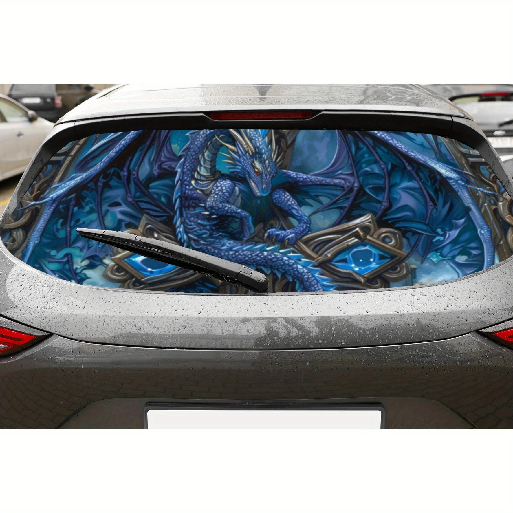 

Перфорированные виниловые обертывания для автомобиля из ПВХ с принтом фантазийного синего дракона, прочная наклейка на заднее лобовое стекло автомобиля, водонепроницаемая наклейка на заднее окно автомобиля,