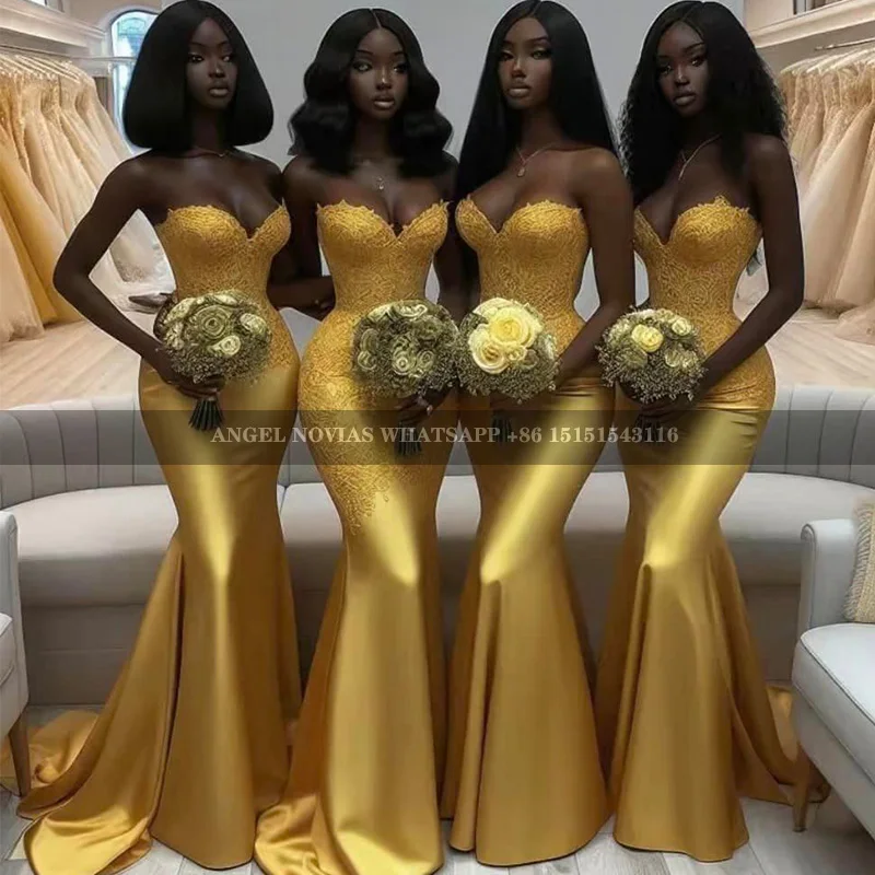 

Long Mermaid Gold African Bridesmaid Dresses Strapless Evening Party Gowns vestidos de fiestas robes invitée mariage