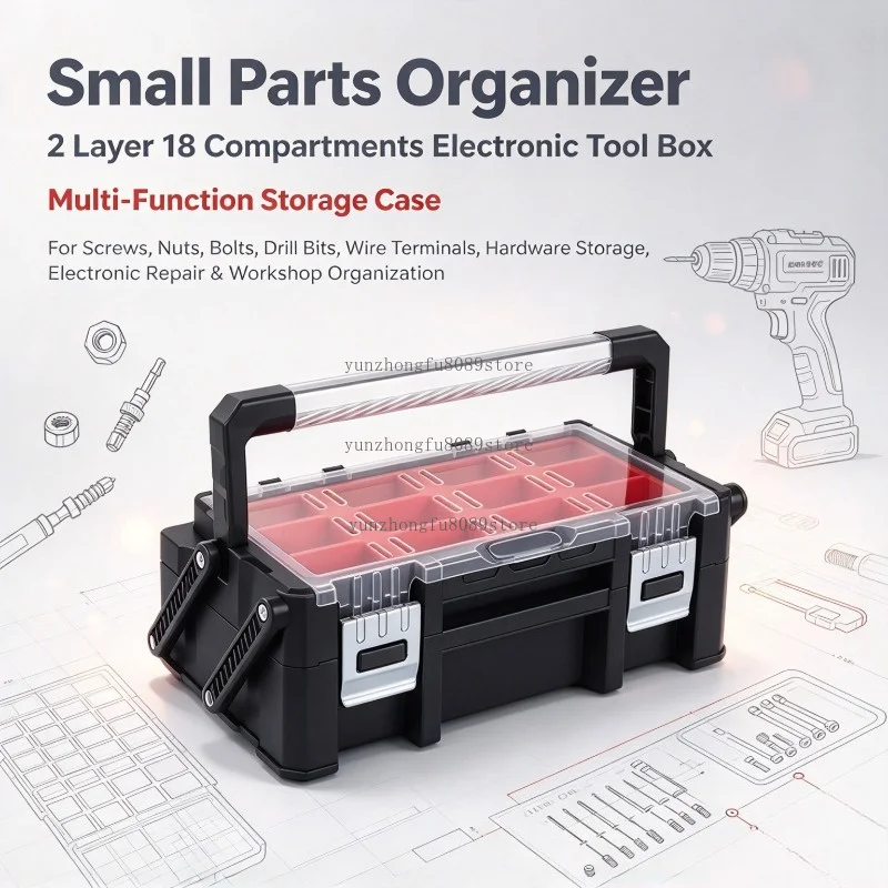 Small Parts Organizer, 2 Layer 18 Compartments Tool Box, Multi-Function Storage Case for Screws, Nuts, Bolts, Drill Bits