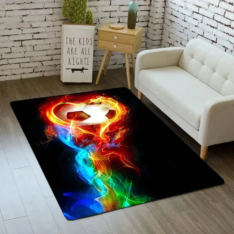 3D Fire Soccer Ball Football Field Rug Living Room Bedroom  Sports Non-Slip Carpet Look Ideal Gift for Football Enthusiasts