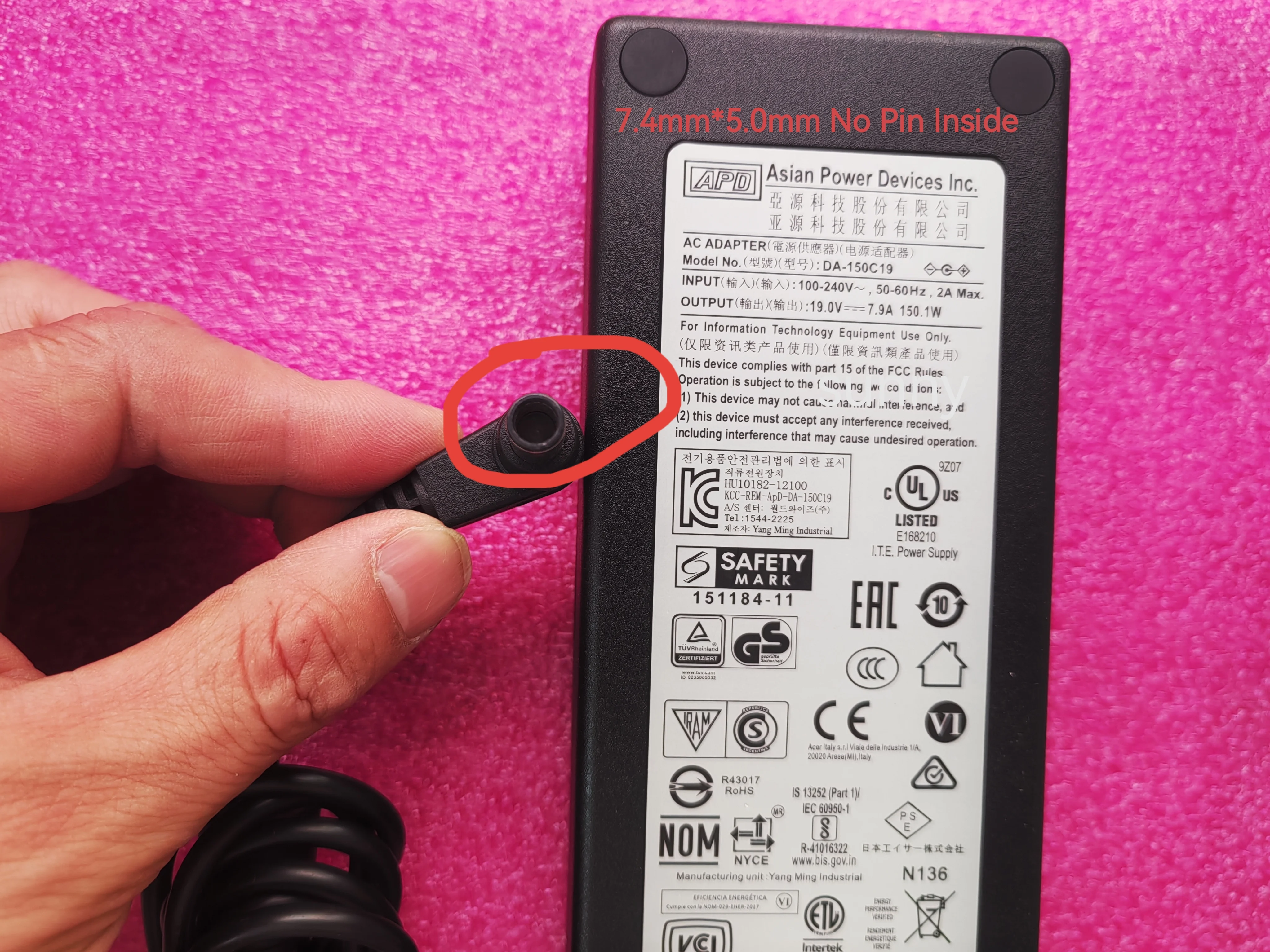 Adaptador de CA para monitor de juegos OEM APD 19.0V 7.9A 150.1W DA-150C19 HU10182-12100 151184-11 para BenQ mobiuz 150W 7.4mm*5.0mm sin pin