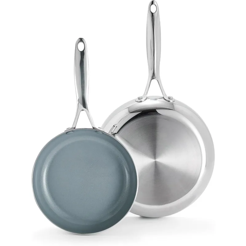 

Tri-Ply Stainless Steel 8” and 10” Frying Pan Skillet Set, Healthy Ceramic Nonstick PFAS-Free PFOA-Free Co