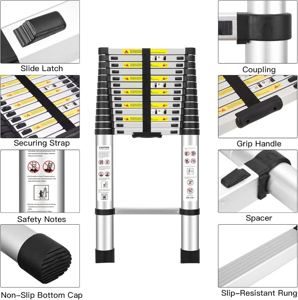 Escalera telescópica de extensión de aluminio, plegable, multiusos, en131 estándar, 15 pies/4,5 M