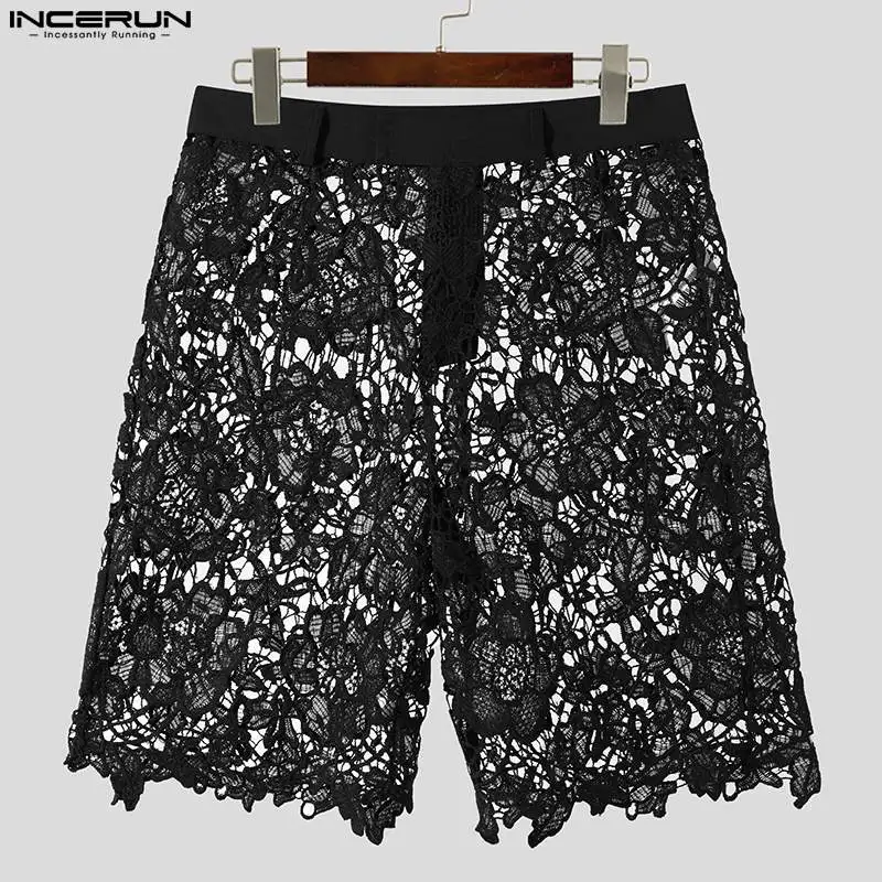 INCERUN Men Shorts Lace Transparent Sexy Solid Color Zipper Men Bottoms Summer Streetwear 2023 Unisex Fashion Party Shorts S-5XL