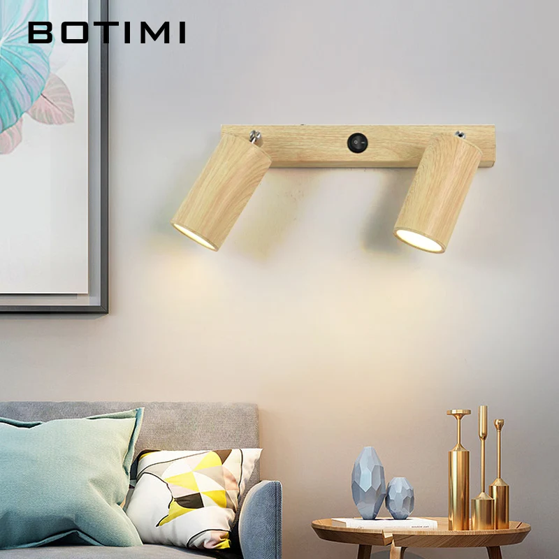 

BOTIMI Modern Iron Wall Lamp With Push Button Switch For Bedroom Imitation Wood Grain Bedside Wall Sconce Nordic Reading Lights