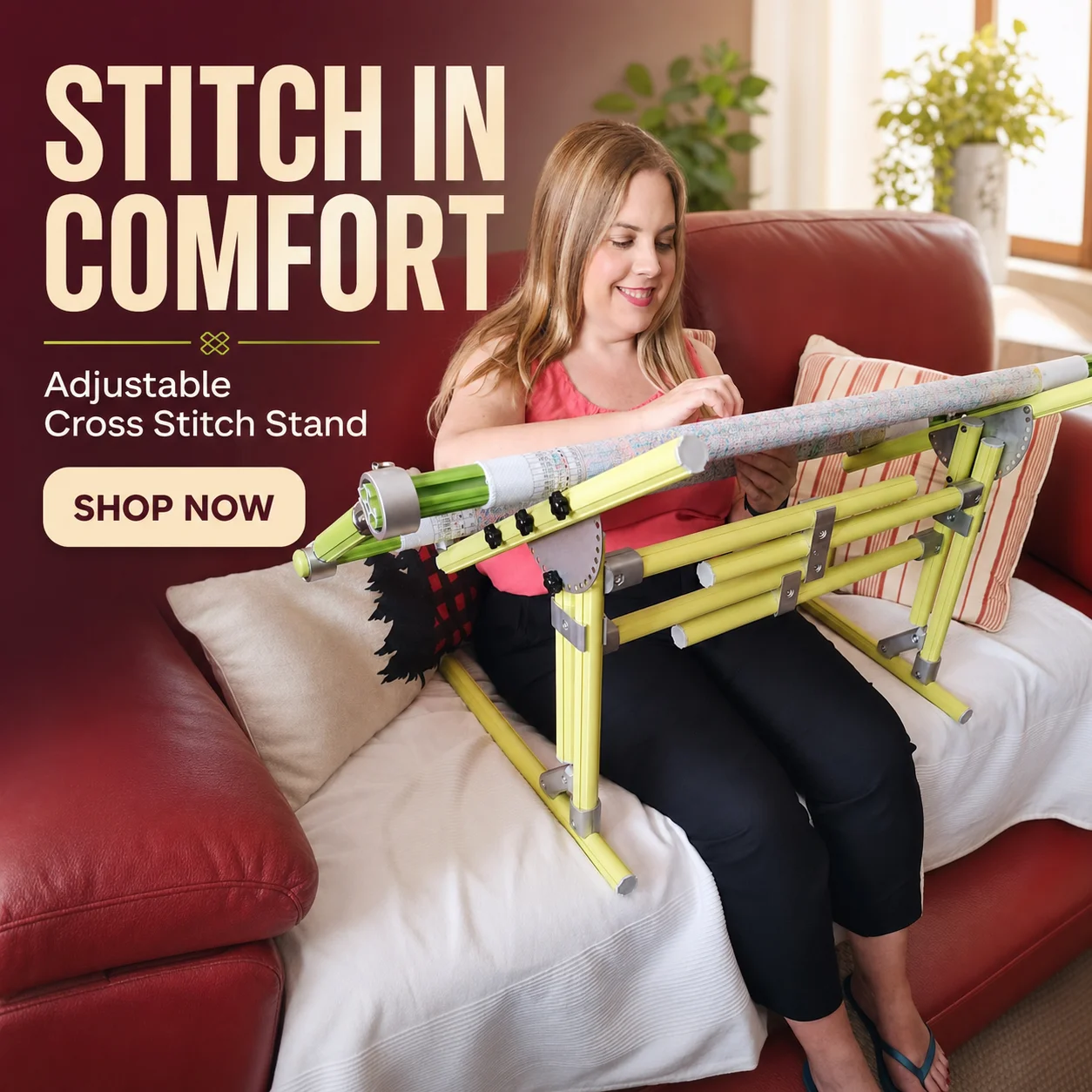 2 in 1 Aluminum Cross Stitch Frame Stand Bed Table Embroidery Holder Adjustable 25-55cm Height 42-80cm Width Scissors Holder