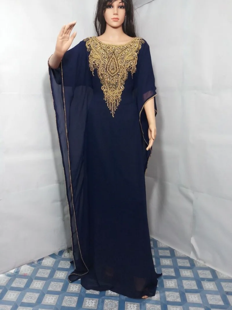 

WOMEN DRESS NAVY BLUE FARASHA KAFTAN FANCY DUBAI ABAYA CAFTAN DRESS 56 INCHES