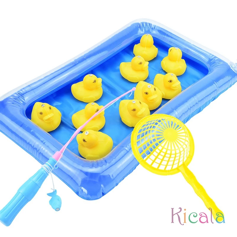 Jogo de pesca inflável do pato para crianças pré-escolares, piscina da lagoa com 10 patinhos, brinquedo flutuante magnético, montessori