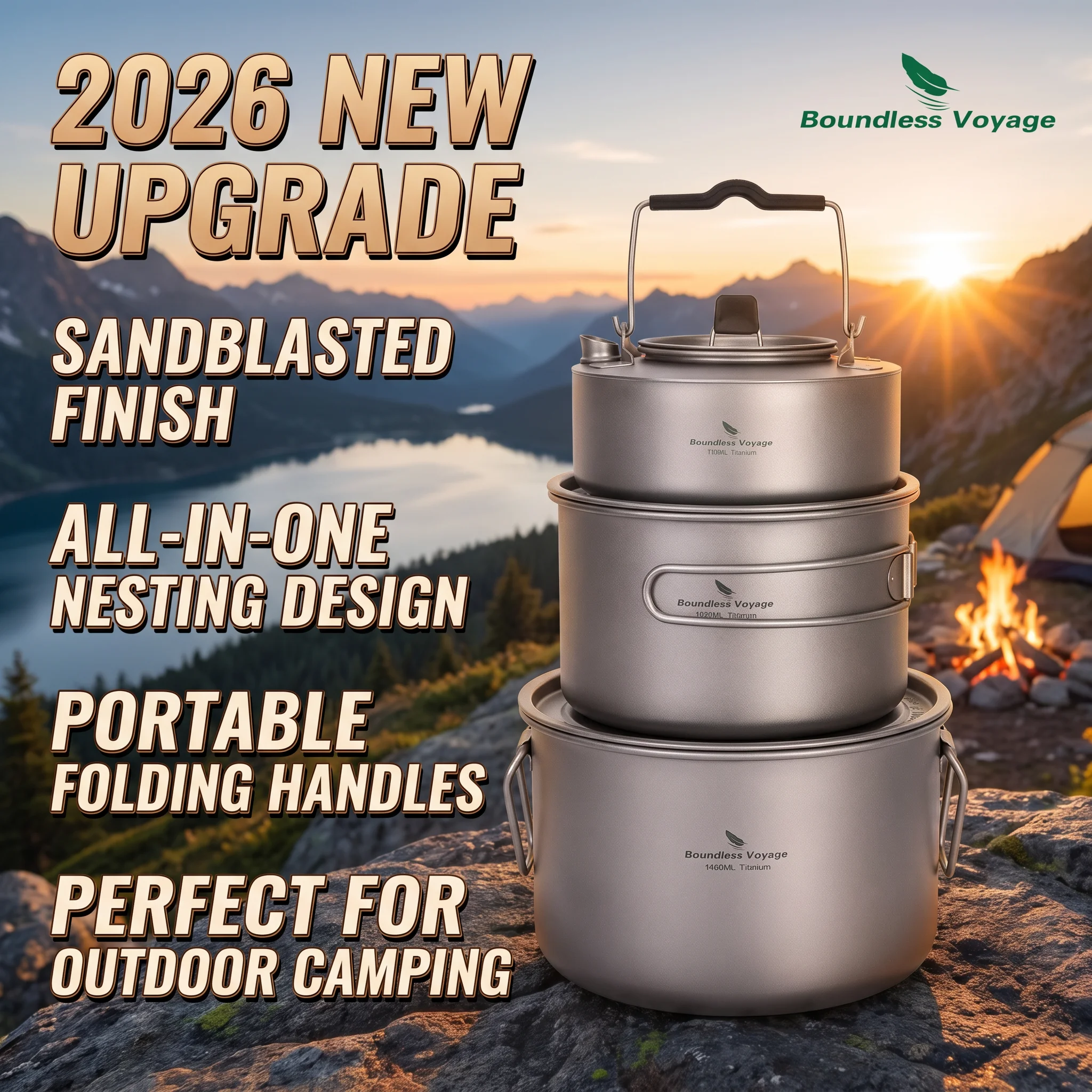 2026 New Upgrade Boundless Voyage Titanium Pot Stockpot Cooking Set With Folding Handle