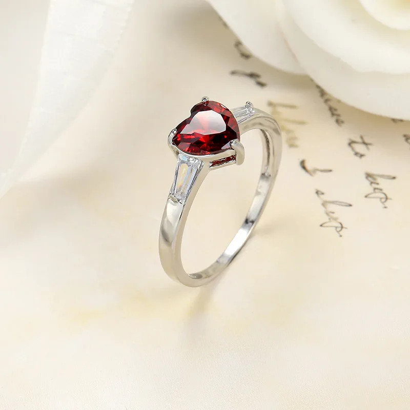HUATIWOCY Classic Heart Shape Ruby Zircon Finger Ring 925 Silver Jewelry for Women Wedding Engagement Party Gift Accessories