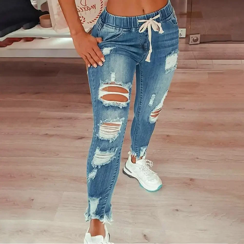 

Stretchy Ripped Hole Jeans Women 2025 Straight Denim Trousers Female High Waist All-Match Casual Denim Pants New Streetwear