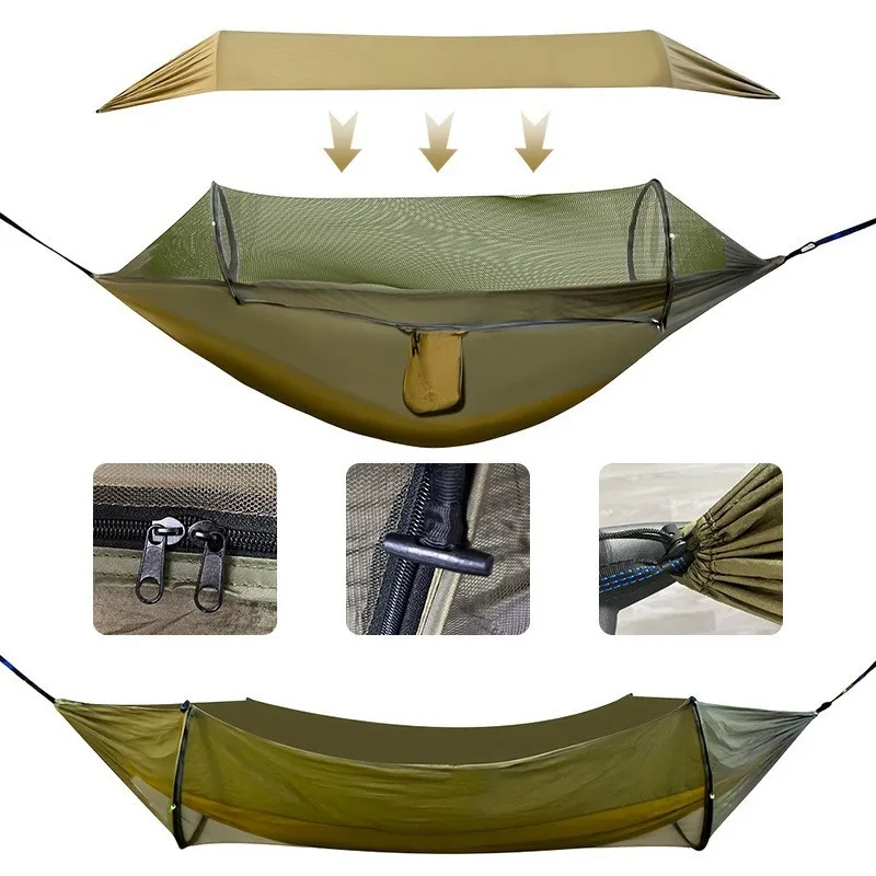 

Auto-Open Mosquito Net Hammock - Instant Setup Single/Double Camping Bed with Rainfly | Lightweight &Portable Outdoor Adventures