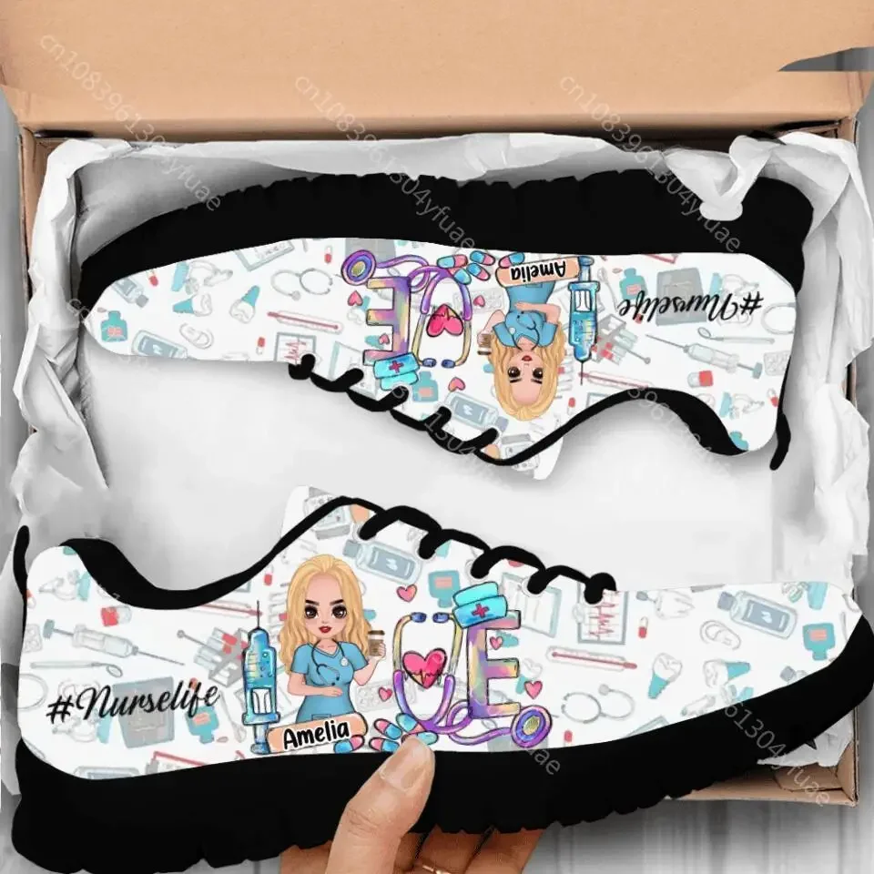 Kawaii Nurse Flat Shoes Women Lace Up Mesh Sneakers Medical Tool Pattern Ladies Footwear Lightweight Zapatillas Gift