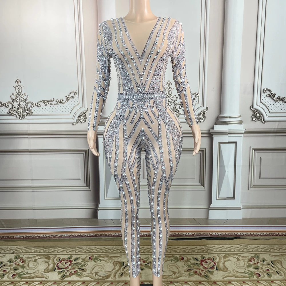 Transparent Jumpsuit  Sparkly Rhinestones Mesh Show Rompers  Sexy Women Birthday Party Outfit