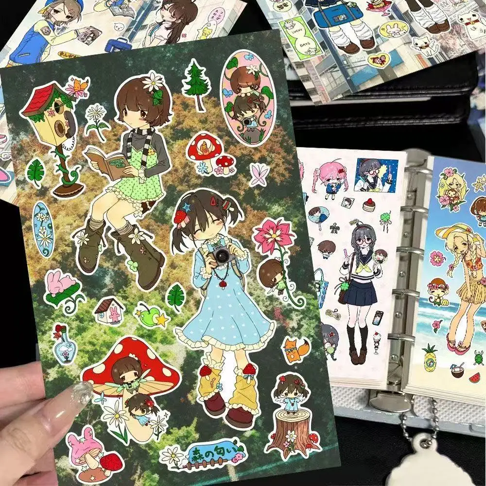 Kawaii Stickers 8PC Mix Sky Girl Journal Die-Cut Stickers Green High-Value INS Style Collage Material Pack Waterproof Y2K Gift