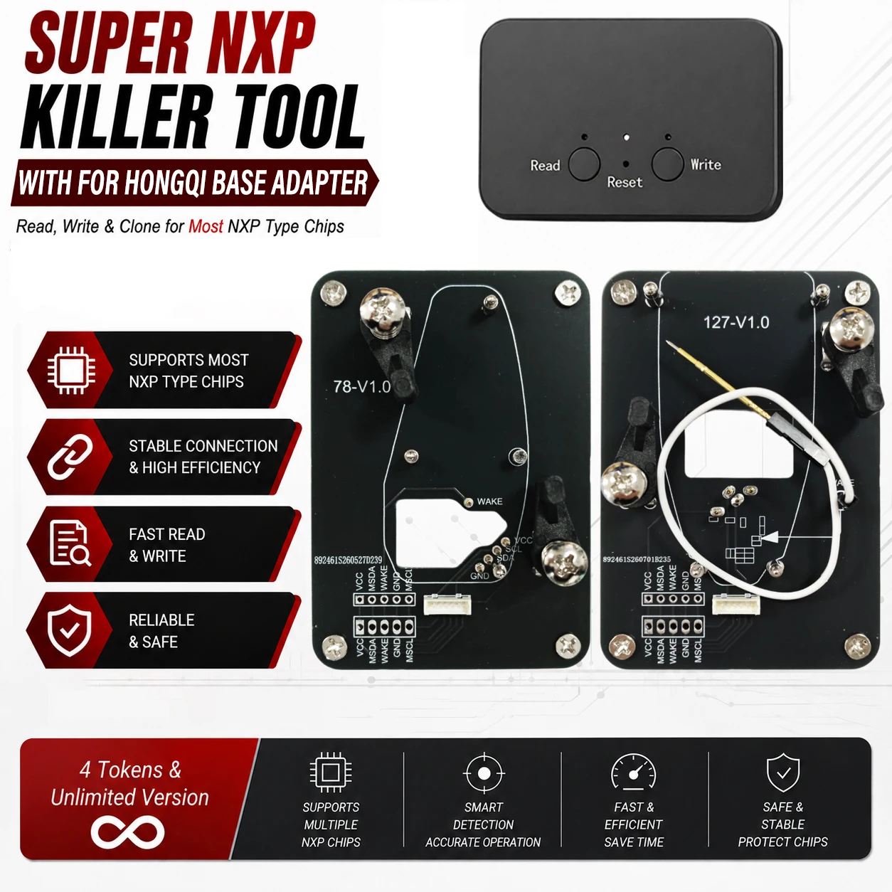 For Hongqi Key All NXP-Chip Smart Keys Clones 4 Tokens&Unlimited Version Super NXP Killer Read Copy Device With Adapter Base