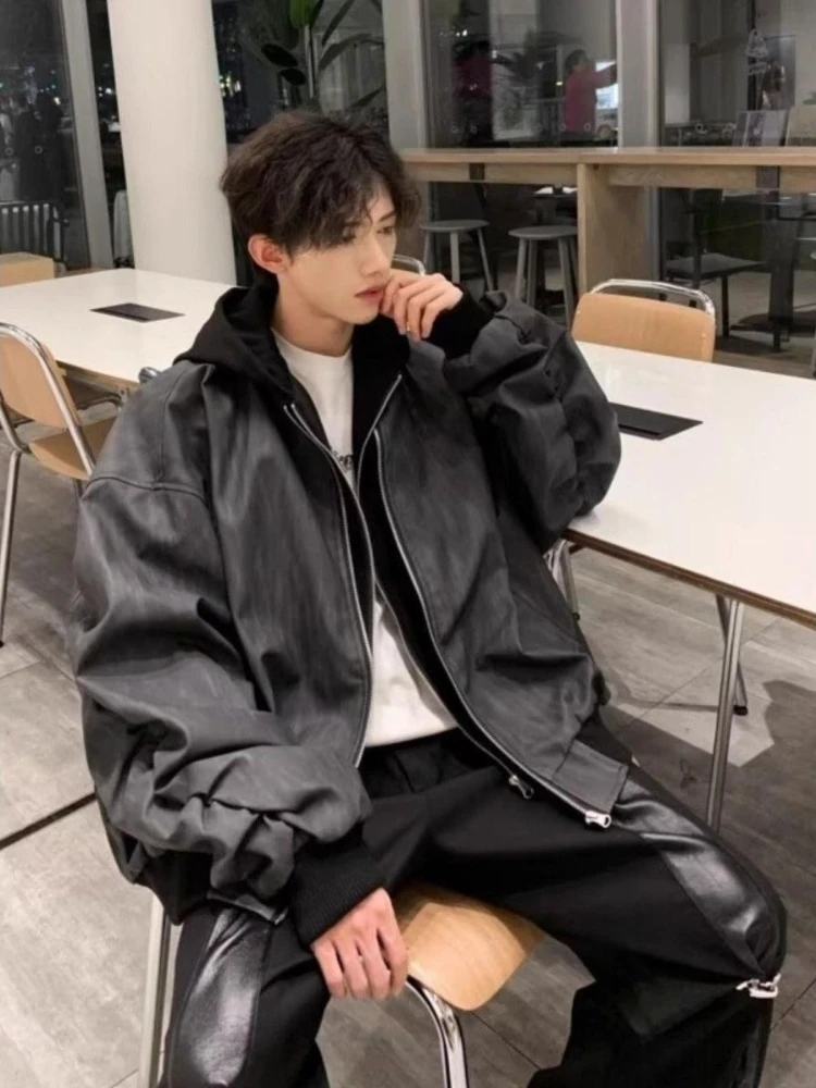 

Men's Autumn Double Layer Hooded Jacket Loose Fit Badass Leather Coat Versatile Streetwear Jacket for Daily Wear Biker Style
