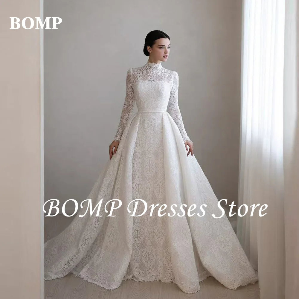 BOMP Modest Lace A Line Wedding Dresses With Detachable Train Long Sleeves High Neck Classic Bridal Gowns With Veil Customized