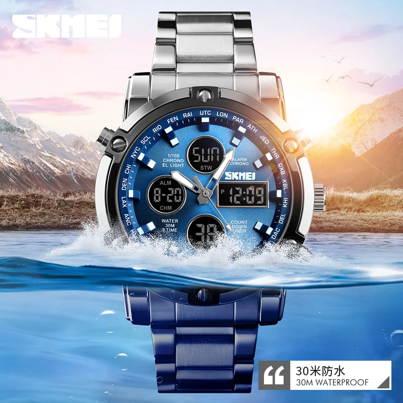

SKMEI 1389 Luxury Quartz Watch Men Countdown Steel Strap Clock Business Waterproof Mens Digital Wristwatch 1649 Reloj Masculino