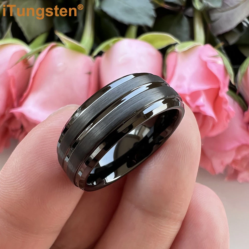iTungsten 8mm Fashion Rings for Men Women Tungsten Wedding Band Stepped Beveled Grooved Brushed Finish Comfort Fit