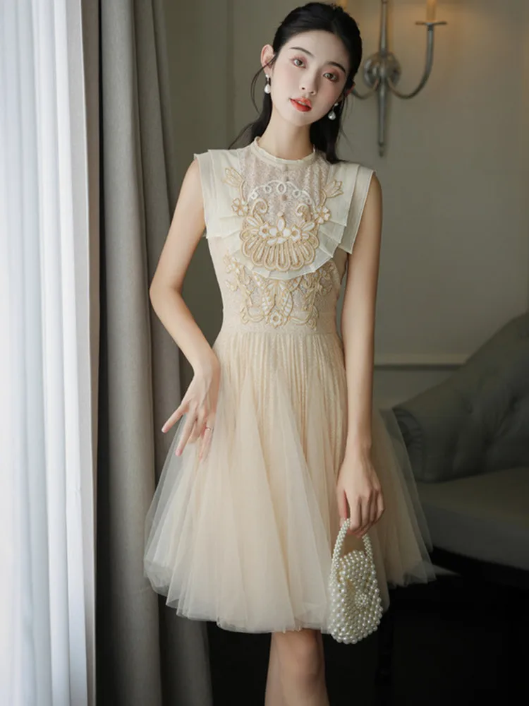 SMTHMA High-Quality New Butterfly Hollowed Out Embroidery Summer Dress Women Temperament Mesh Patchwork Pleated Dreses