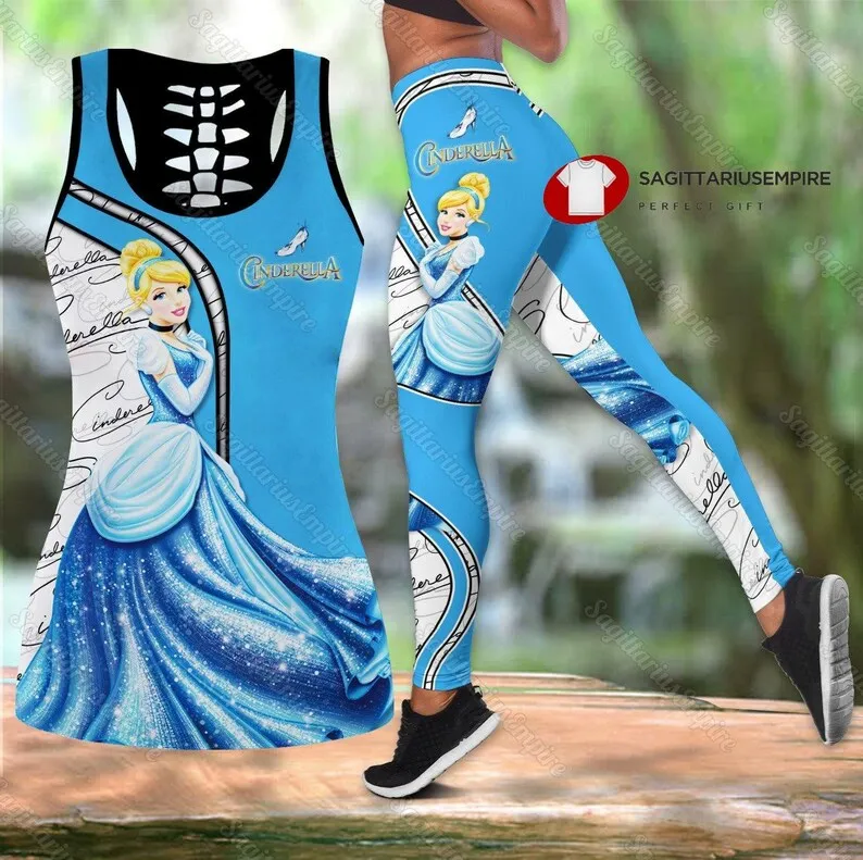 

New Disney Cinderella Princess Women Book Hollow Vest Women Leggings Yoga Suit Fitness Leggings Sports Suit