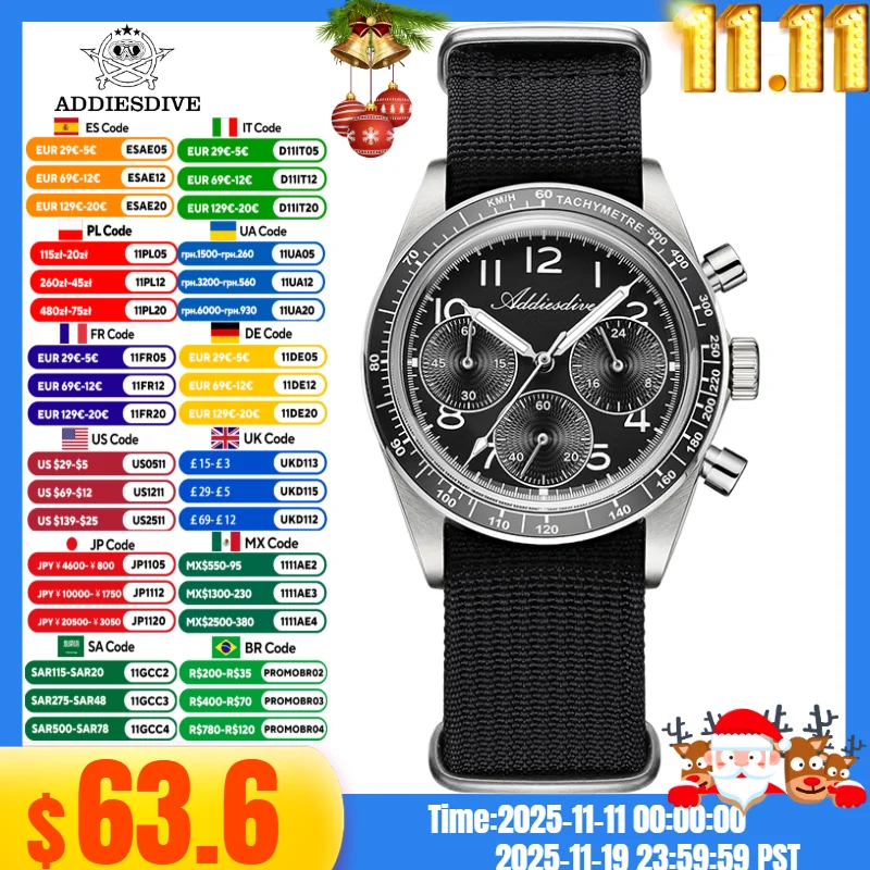 

ADDIESDVIE 37mm Men Watch 316L Stainless Steel BGW9 Blue Luminous AD2517 100m Waterproof VK63 Movement Chronograph Quartz Watch