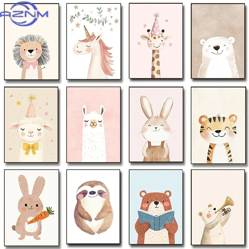 Smiling Animals Watercolor Posters Cute Tiger Giraffe Birthday Party Prints Canvas Painting Wall Pictures Home Kid's Room Dec