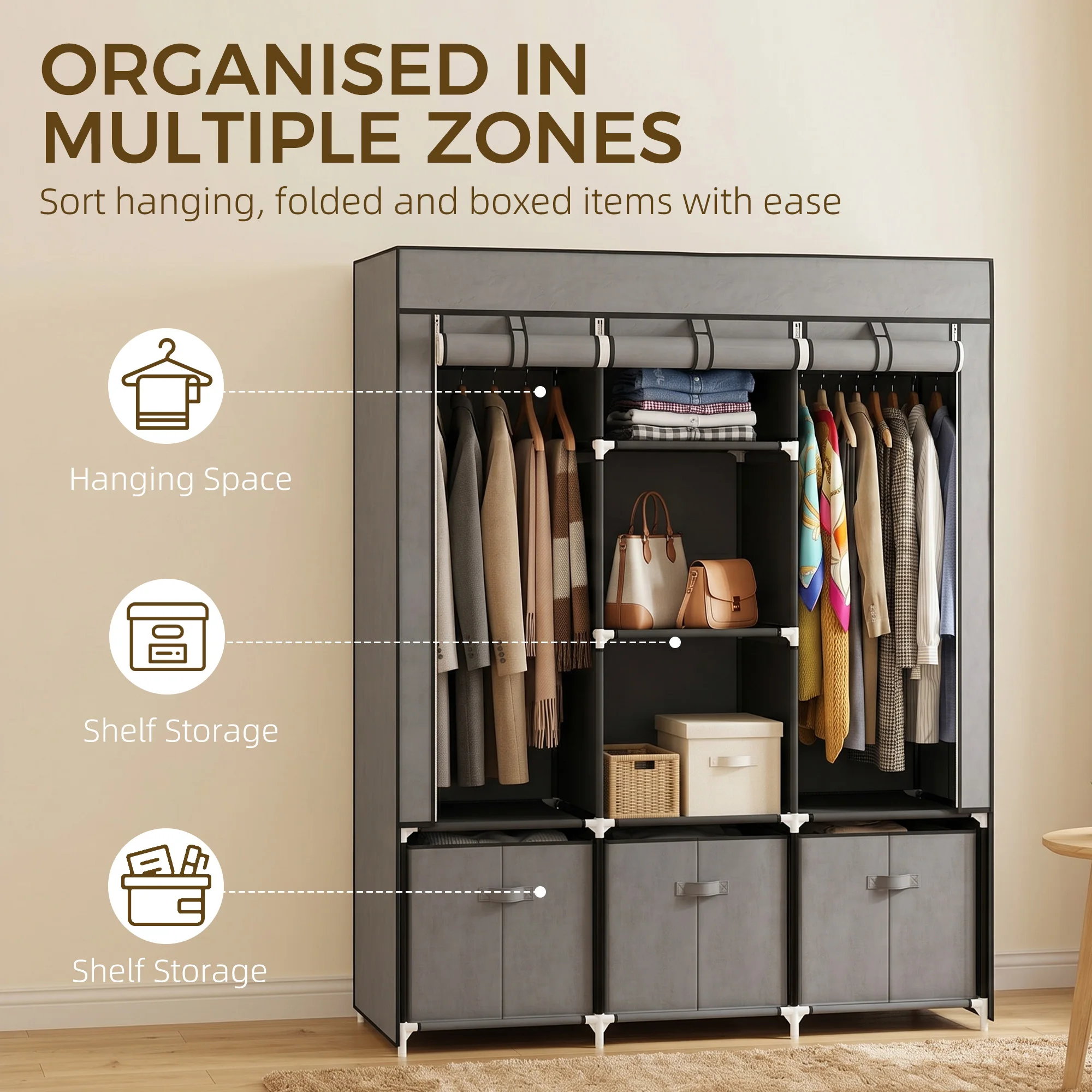 HOMCOM Portable Wardrobe w/ 5 Shelves 3 Fabric Drawers and 2 Hanging Rails Grey