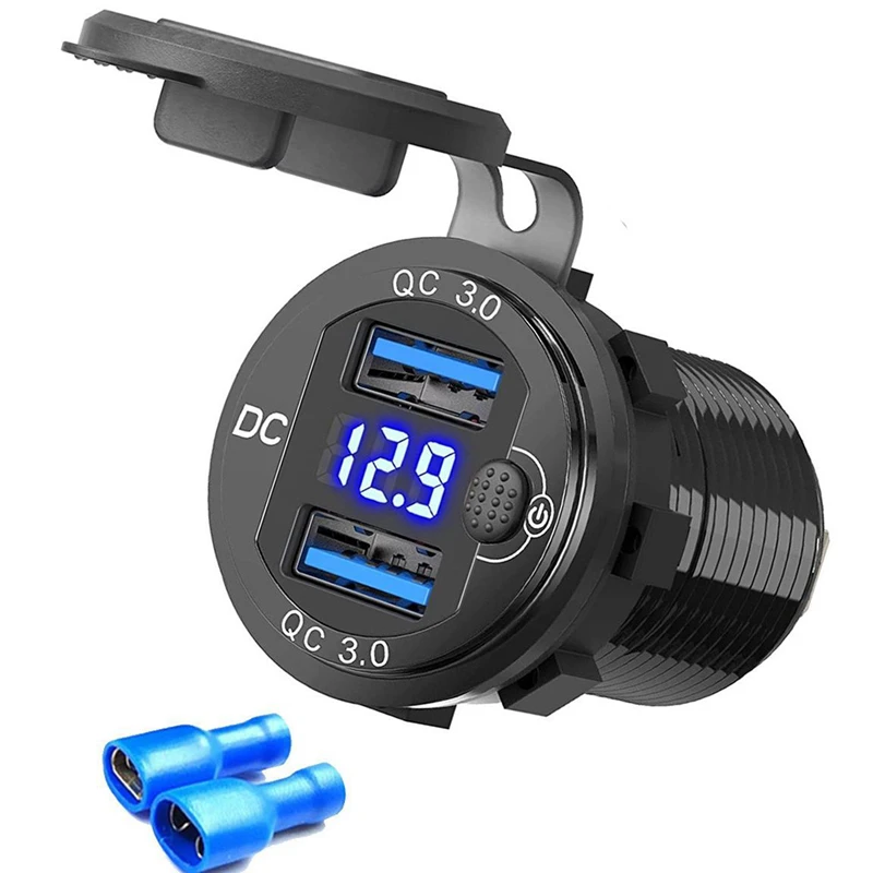 

QC3.0 USB Car Charger Dual Port Car USB Socket Fast Charge with LED Digital Voltmeter Display Switch for Vehicles Boat Motor