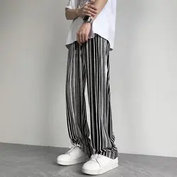 Spring Summer New Elastic Waist Striped Contrast Color Straight Pants Man High Street Casual Loose Drawstring All-match Trousers