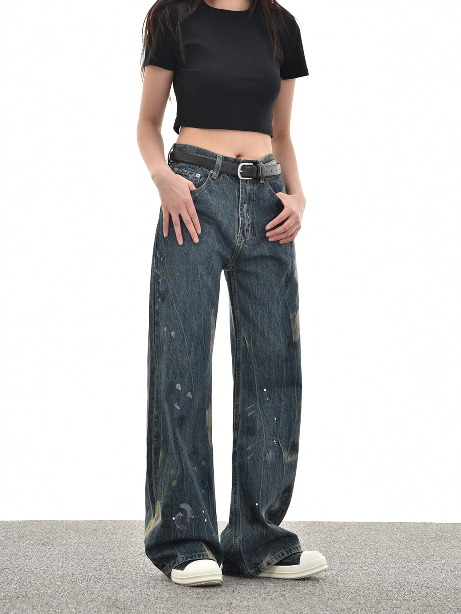 

Women Black Gothic Y2k Graffiti Jeans Baggy Harajuku Denim Trousers Japanese 2000s Style Wide Jean Pants Vintage Trashy Clothes