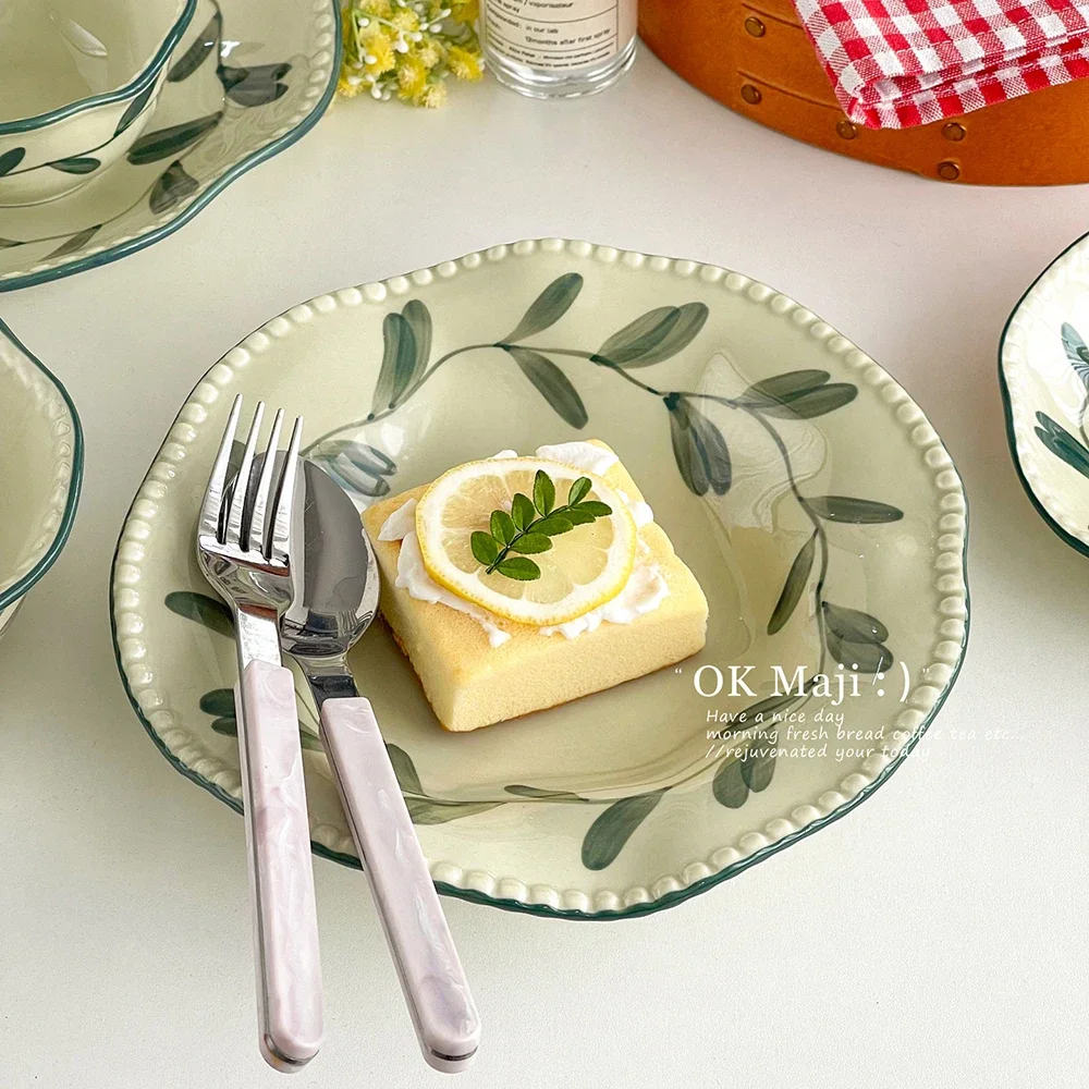 Chic Dessert Cake Ceramic Plates Home Kitchen Dinner Tableware Underglaze Colour Porcelain Green Leaf Pattern Plate Dishes