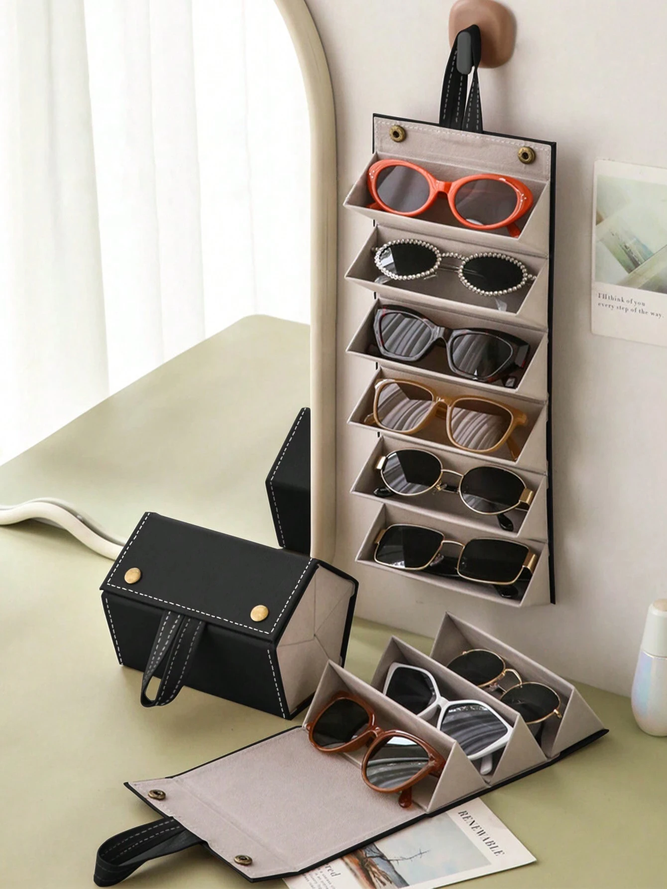 

6 Slots Foldable Glasses Storage Case - Vintage Style Faux Leather Eyewear Organizer with 3/5 Slots - Portable Travel Glasses