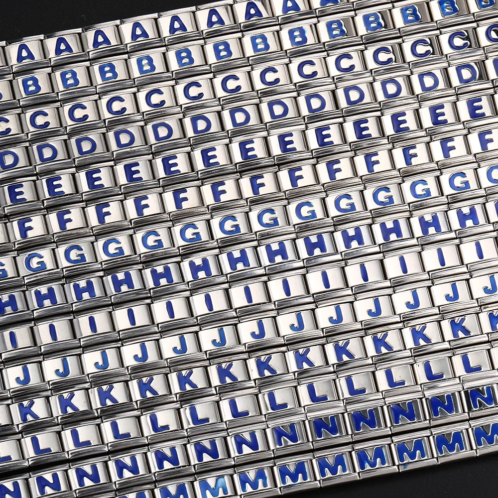 Sissi C 9mm Width Stainless Steel New Fashion Blue 26 English Letters Italian Charm Links Bracelet  Jewelry DIY Making Wholesale