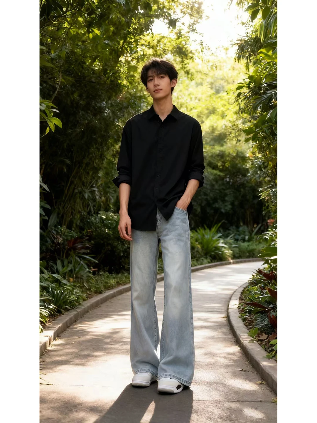 

Light Blue Men's Straight Leg Jeans Korean Sle American Retro High Waist Waed out Torn No Iron Treaent Versatile Jeans