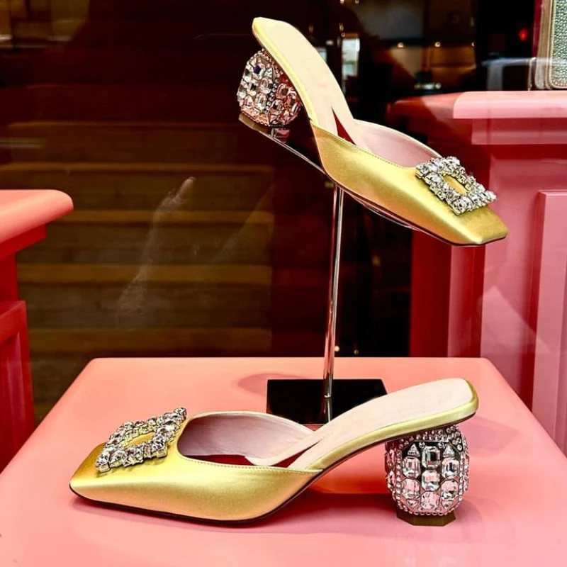 

Summer Rhinestone Pumps Women Square Toe Mules Female Crystal High Heels Women Shoes Femmes Chaussures sandalias de las mujeres