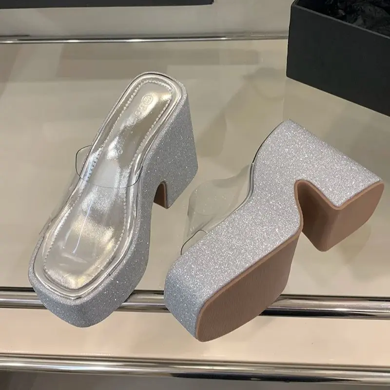 Pink Platform Heels Slippers 12cm Chunky Heeled Sandals For Woman PVC Clear Block Shoes Silver Summer Sandals Ladies Sandales