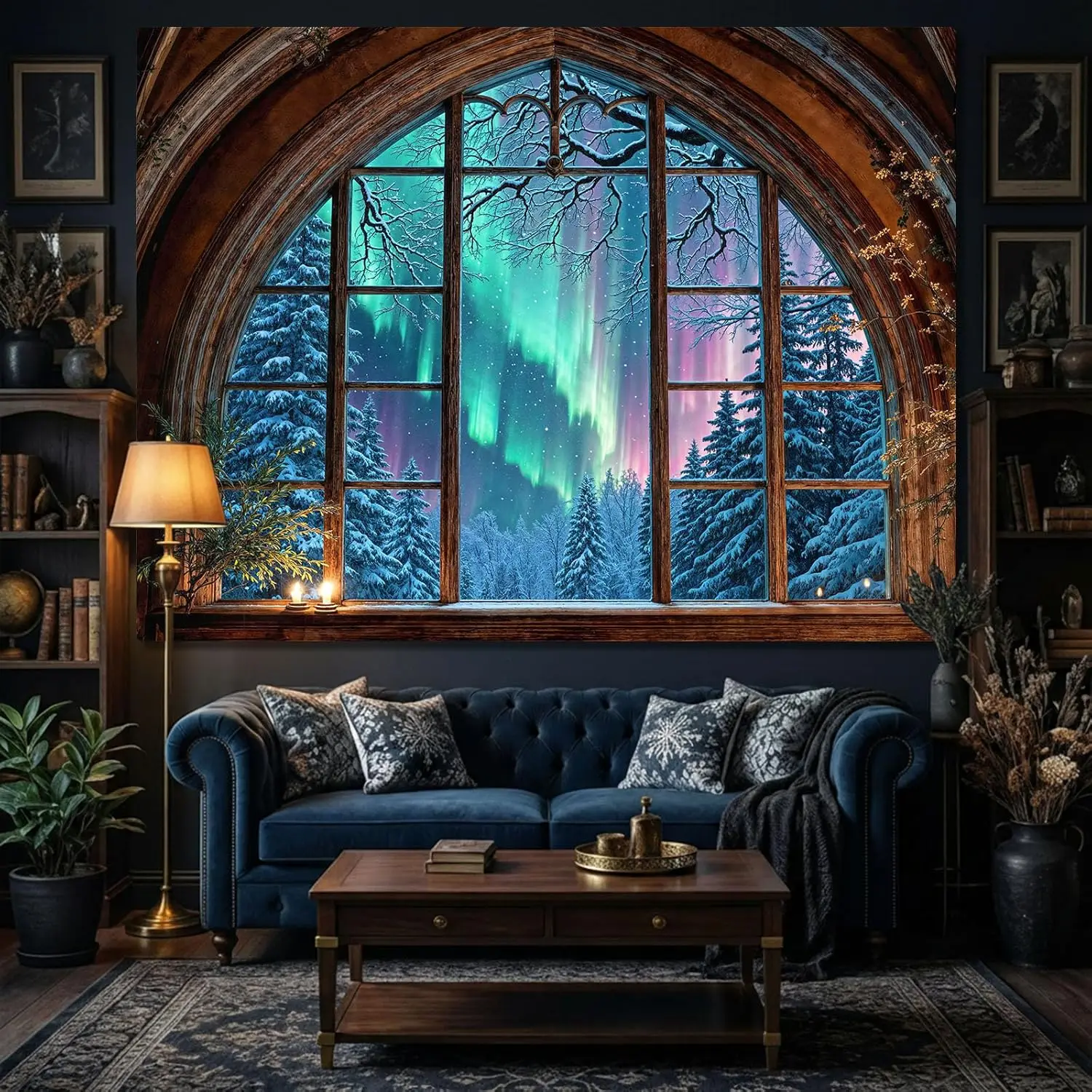 Aesthetic Gothic Window Northern Lights Tapestry, Winter Snow Forest Aurora Landscape Wall Hanging, Rustic Cottagecore Tapestry
