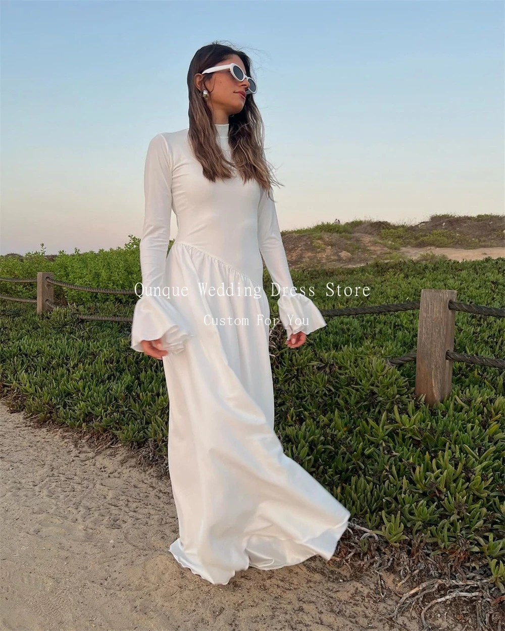 Qunque White Ruched Wedding Dress For Women Simple High Neck Beach Bride Gown Soft Satin Flare Sleeves Robe De Mariée Customized