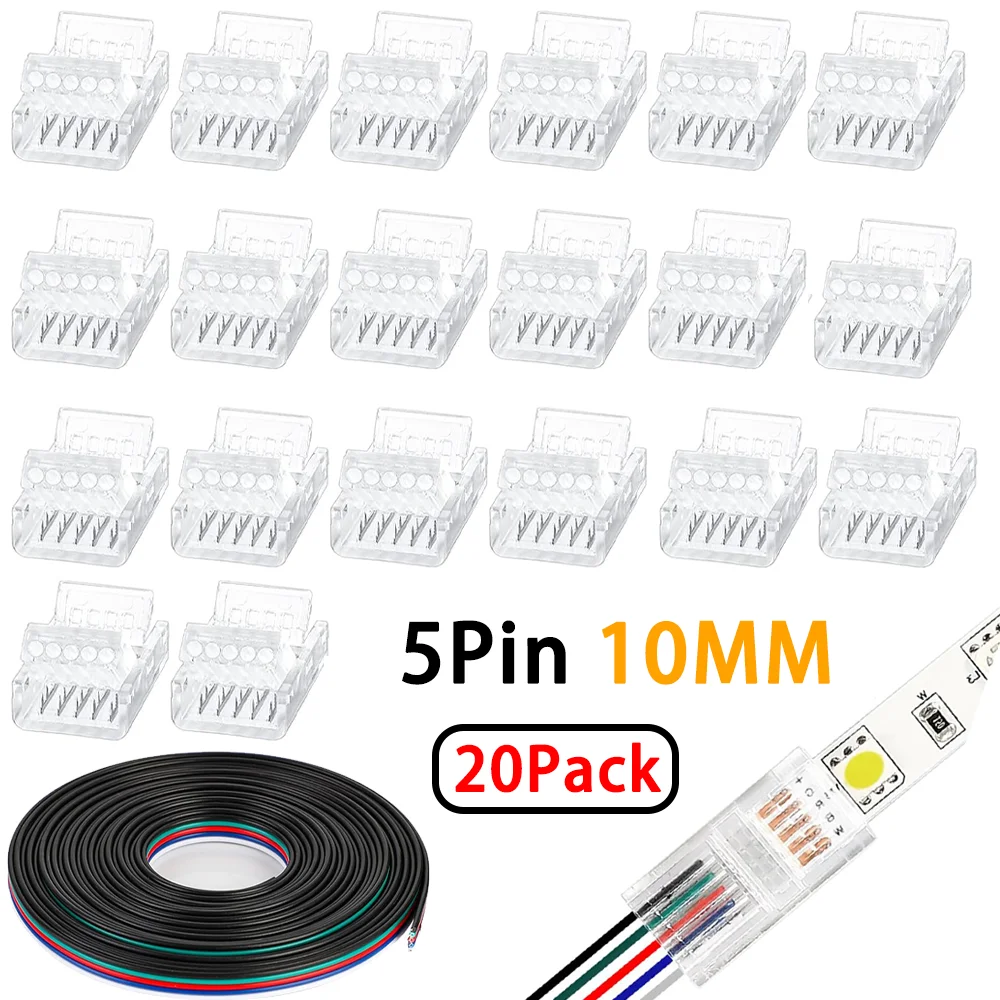 5Pin LED Connectors 10MM Strip To Wire with 22AWG Extension Wire for SMD5050 Strip Light Connectors Transparent Crystal Buckle