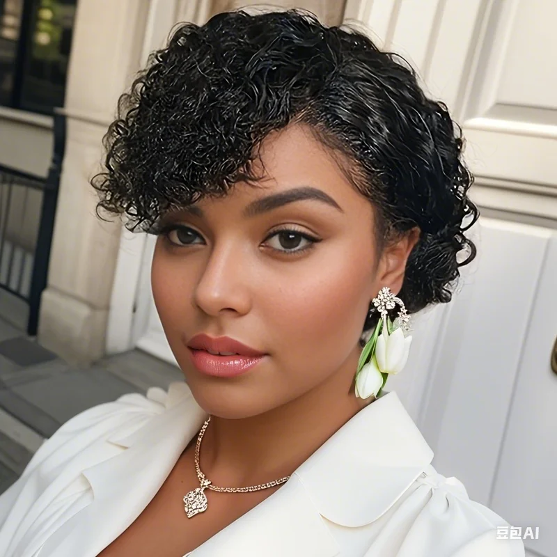 Natural Black 13x4x1 Lace Front Transparent Deep Wave Lace Wig Side Part Lace Curly Short Pixie Cut bob wig for Women
