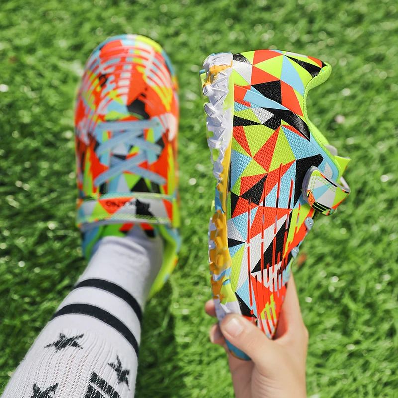 Child Soccer Shoes Colorful Kids Turf Cleats Geometric Patterns Boys Football Boots Non Slip Children Chuteira Futsal Sneakers