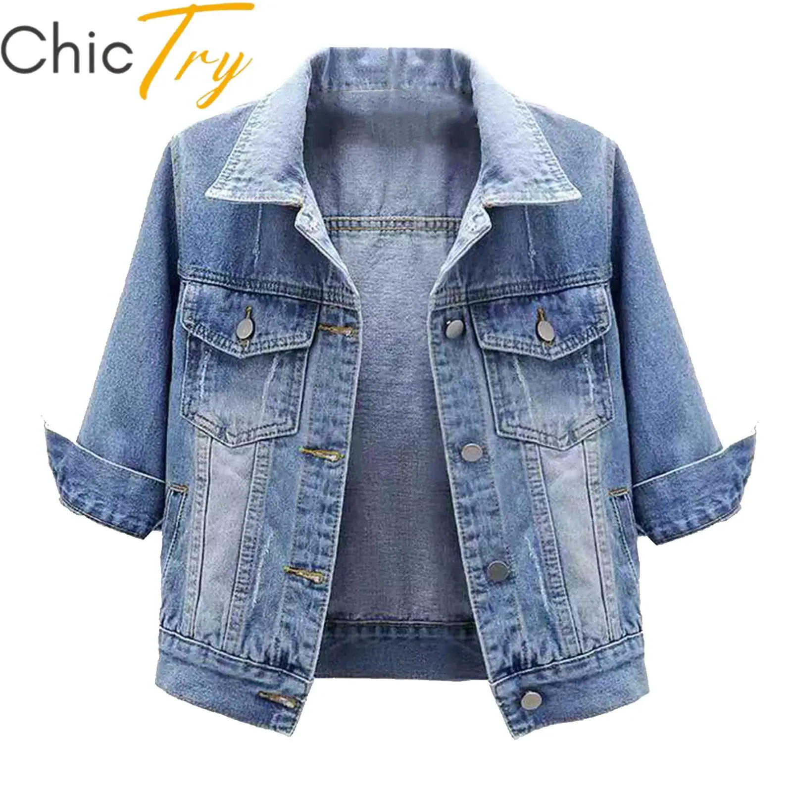 

Womens Fashion Denim Jacket 3/4 Sleeve Casual Turn-Down Collar Button Jean Jackets Coat with Pockets for Streetwear Dating Party